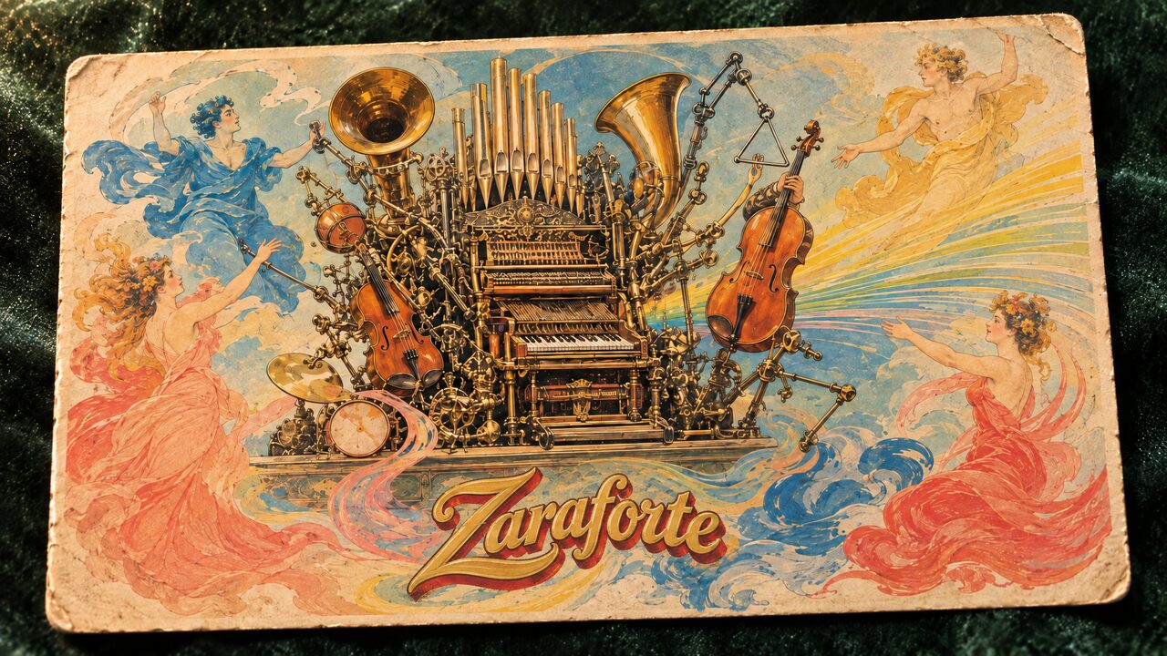 An antique Belle Époque postcard on green velvet: a fantastical brass music machine of organ pipes, horns, violins, a keyboard and drum, floating on swirling clouds of colour, with two men and two women as spirits of music flying around it, and the Zaraforte logotype printed across the clouds.
